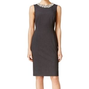 CALVIN KLEIN Women’s Petite sheath sleeveless dress with Pearl neck Grey Size 8